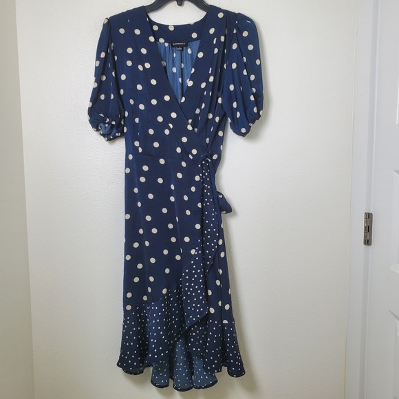 Summersalt The Wrap Navy Blue & Cream Polka Dot Short Sleeve Midi Dress Size 8 - Picture 11 of 11